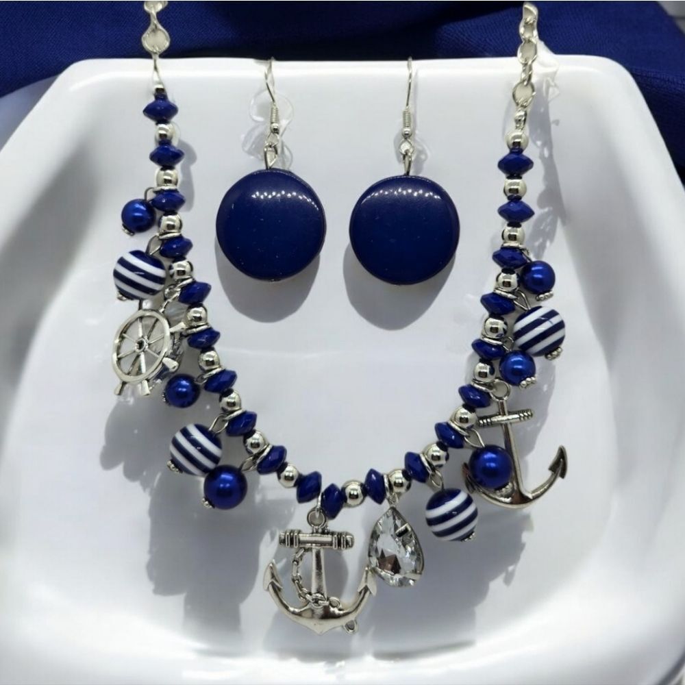 Nautical Charm Necklace & Earrings Silver Navy Blue Stripe Jewelry Matching Set